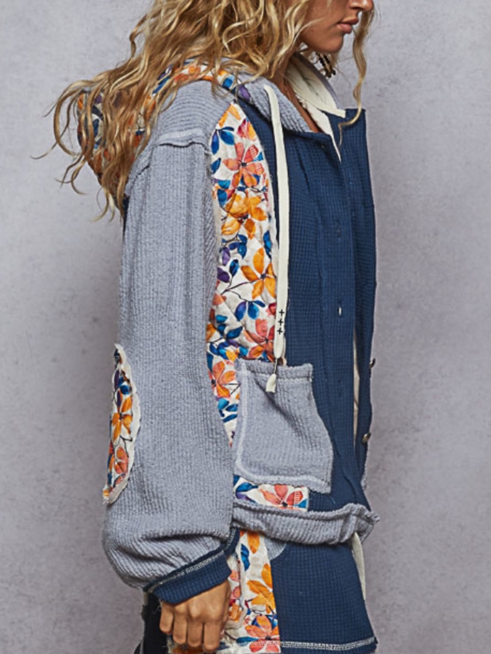 POL Floral Hooded Puffer Jacket - Navy, Light Blue & Orange